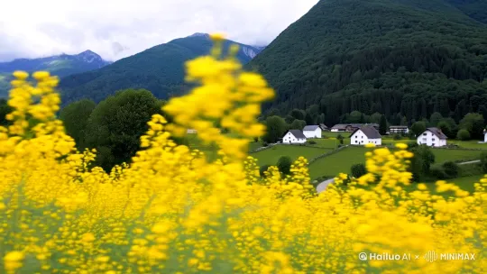 展示了乡村田园的美丽景色。 前景：油菜花田，明亮的黄色花朵在微风中轻轻摇曳，生机勃勃，为这幅画面增添了生动的动态元素。 中景：一条蜿蜒的小路穿过油菜花田，通向远处的白色房屋。小路的两侧是绿色的草地和一些低矮的灌木丛，与黄色的油菜花形成了鲜明的对比。 背景及远景：几座白色的房屋坐落在山脚下，错落有致地点缀着这片土地。房屋的建筑风格简约而古朴，给人一种宁静、和谐的感觉。背后是连绵起伏的山脉，山上覆盖着茂密的树木，郁郁葱葱，为整个场景增添了一抹自然的绿色屏障。 总体而言，这是一幅充满自然气息和田园风光的画面，让人感受到大自然的美好和宁静。9:16高清电影 by Hailuo AI Video Generator