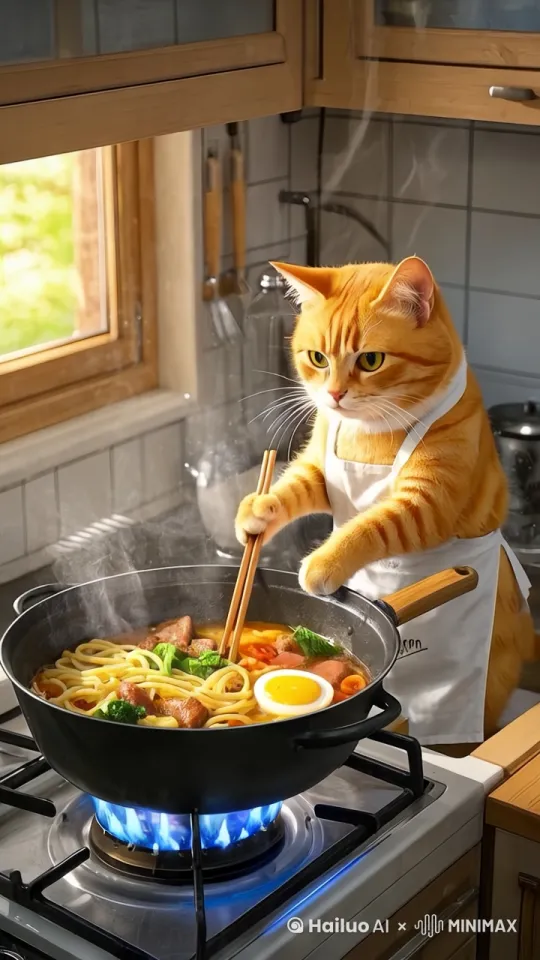 一只拟人化的橘色猫咪，穿着白色围裙，站立在厨房灶台前，一只爪持木筷搅拌锅中食物，锅内有面条、肉块、蔬菜、鸡蛋等食材，灶台火焰燃烧，背景有厨具和橱柜，室内厨房场景。 by Hailuo AI Video Generator