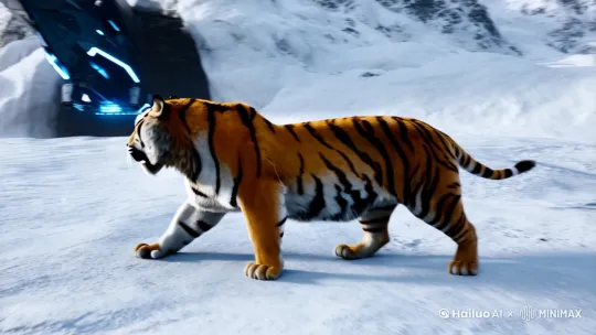 文生视频prompt：一个强壮的东北虎在东北雪原的雪山上狩猎，发现一艘未来科技战舰散发着蓝色微光，被卡在海拔5000米，白雪覆盖的山洞口。 by Hailuo AI Video Generator