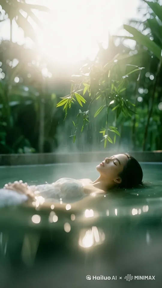 帮我生成一个视频：温泉，池水涟漪晃悠，水汽升起，水中人物安详躺姿，胸自然起伏呼吸，温柔微笑，享受温泉的舒适，池边树木竹叶在微风中晃动，嘀着水珠，高清实拍，电影效果。比例 9:16。 by Hailuo AI Video Generator
