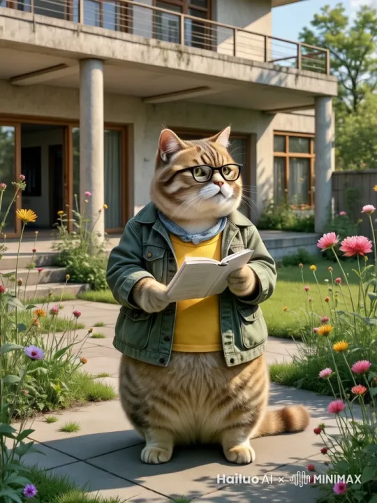 胖猫设计师，在荒废的别墅花园里，手拿笔和本子，正在记录花园的特征 by Hailuo AI Video Generator