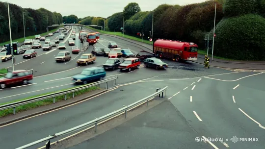 上世纪90年代的一个热闹的小县城，双向八车道的十字路口，各种车辆按照红绿灯的指引有序形势，有直行的车辆，也有转弯的车辆，突然，一辆超速行驶的公交车迎面撞上了一辆油罐车，然后立刻引发了剧烈的爆炸，火焰燃烧不止，浓烟向四周扩散，爆炸位置周边的很多车辆都被浓烟吞噬，然后，4辆消防车前来灭火，每辆消防车都用高压水枪向爆炸位置喷射水柱，最后，火焰渐渐变小，直至熄灭，留下满地的车辆残骸。视频时长不少于40秒[拉远,上升,跟随] by Hailuo AI Video Generator