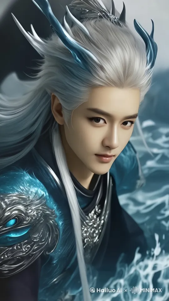 霸气的眼神，头发摆动，身边水波荡漾，画质高清，细节完善 by Hailuo AI Video Generator