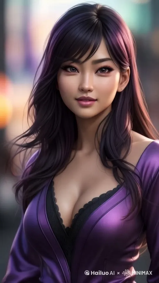 东方美女，穿紫色紧身瑜伽裤，站在室内，很精致的装扮，身后右边是窗帘，窗帘上有很漂亮的菱形暗纹，正常无意识眨眼睛，从上半身开始使用拉远镜头到全身， by Hailuo AI Video Generator