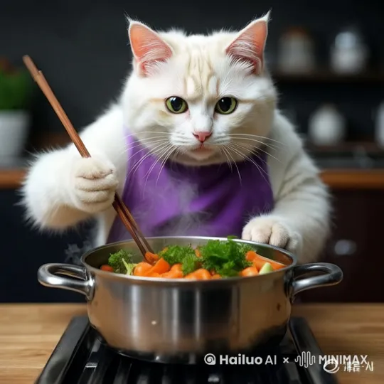 猫咪往锅里加入食材 by Hailuo AI Video Generator