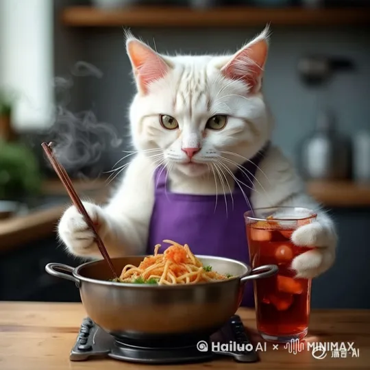 猫咪吃饭，大口喝饮料 by Hailuo AI Video Generator