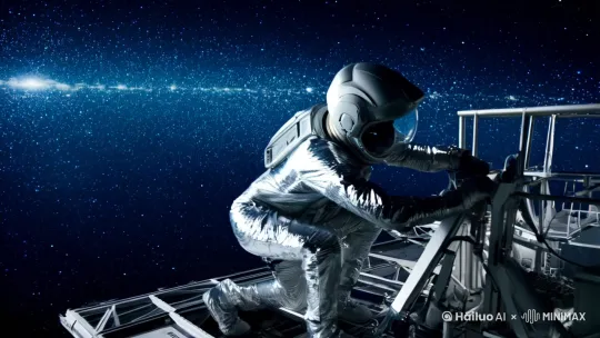 一位宇航员，在太空中维修太空站，忽然一束光照来，宇航员进入另一个空间，空间非常恐怖，到处都是人类骸骨，一个蜈蚣精在远处张着血盘大嘴，准备吃掉宇航员。 by Hailuo AI Video Generator