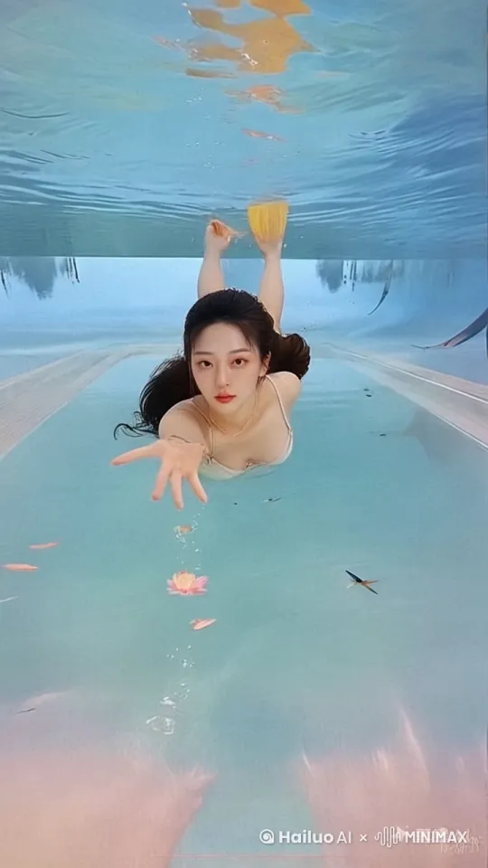 向前游，钻出水面，用手抹下脸上的水 by Hailuo AI Video Generator