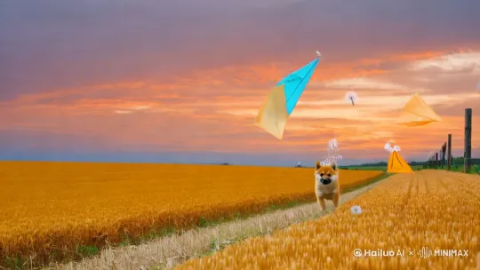金色麦浪被夕阳点燃，柴犬幼崽追逐低空盘旋的纸鸢。跃过田埂时被蒲公英种子糊了满脸，甩头的瞬间滚进麦秆堆，探出沾满草屑的脑袋时，晚风掀起耳尖绒毛如同跳动的火焰 by Hailuo AI Video Generator
