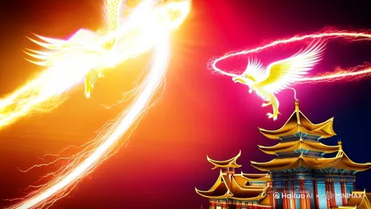 镜头拉远，麒麟与凤凰在空中交汇，麒麟的雷电与凤凰的火焰融合，爆发出耀眼的光环，席卷整片天空。背景中，一座巍峨的东方宫殿在光芒中若隐若现，琉璃瓦反射出璀璨的光辉。麒麟与凤凰环绕飞行，留下一道道交织的光轨，仿佛在演绎天地初开的宏大史诗。画面以金色、赤红与深蓝为主，配合震撼的光影特效与恢弘的音效，传递出力量、和谐与永恒的哲思，令人心潮澎湃。 by Hailuo AI Video Generator