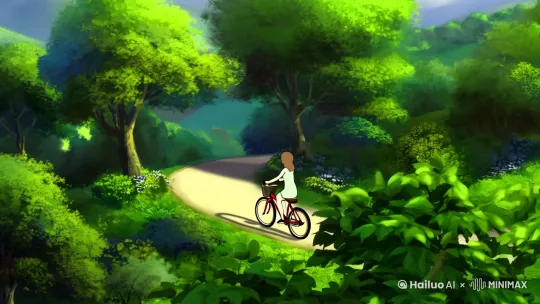 宫崎骏风格:一个女孩子骑自行车走在山间小路[左移,上升] by Hailuo AI Video Generator