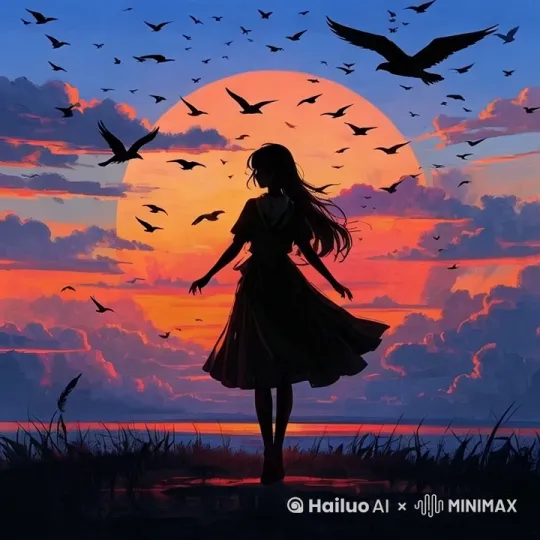 身着长裙的女孩、漫天飞鸟和巨大夕阳为主要表现物，女孩的长发和裙摆随风飘动，飞鸟持续翱翔，夕阳的光影产生渐变 。镜头从下往上缓慢拉升 ，从草地逐渐移向天空。画面色调从温暖绚丽渐变为深邃静谧，营造出从开阔自由到宁静悠远的氛围变化 。  by Hailuo AI Video Generator