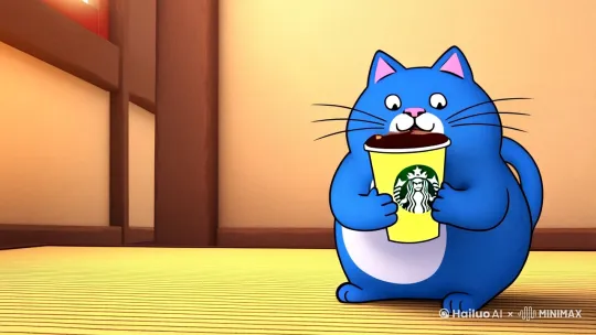 "清晨阳光中,蓝色的胖猫捧着星巴克杯被热咖啡烫到舌头(咖啡飞溅成樱花形状),撞翻抹茶蛋糕后慌乱挥舞爪子,打翻的咖啡在榻榻米上晕出招财猫图案。响动惊醒了黄色胖猫,它翻身跃起时尾巴扫倒鱼形存钱罐,两只猫在漂浮的寿司坐垫和鲷鱼烧间追逐,最终叠睡在外卖袋上,杯身浮现猫爪暗纹,背景日历显示2月22日。画面融入浮世绘云纹与暖色手绘质感,动态强调肉垫弹跳时的Q萌变形。 by Hailuo AI Video Generator