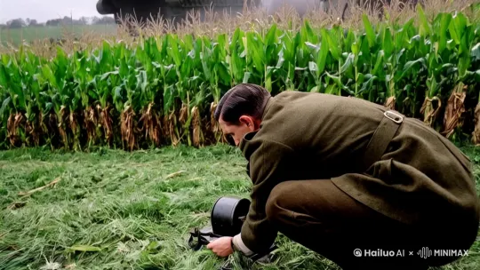 手持镜头，一个勇敢的战地记者在玉米地里俯身向前行的背影视角，镜头持续前推，引入眼帘的是炮火纷飞的世界，两个巨大的战争机器在持续对抗，地面上两个庞大的军队在交锋，硝烟弥漫，极度恐惧 by Hailuo AI Video Generator
