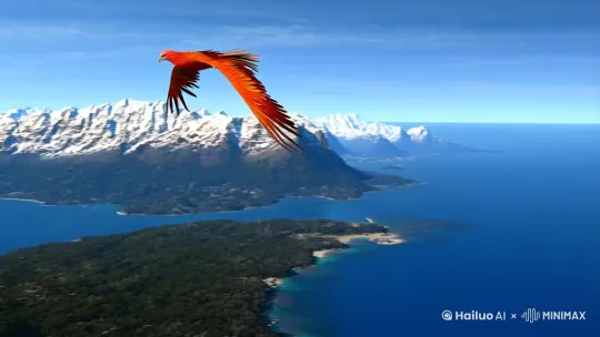 远景拍摄一只凤凰在天空翱翔[右移,左摇,跟随]，凤凰飞过了雪山，森林，大海[左移,跟随] by Hailuo AI Video Generator