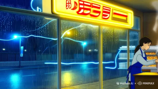 "深夜便利店的温暖守候，3:07AM，全景视角，雨夜氛围，暖黄色灯光透过落地玻璃窗，货架整齐排列着泡面饭团和关东煮，咖啡机飘散着热气，收银台前戴着蓝围裙的年轻店员正在给外卖袋贴标签，玻璃上的雨痕折射着霓虹光晕，门外湿漉漉的街道倒映着便利店招牌，穿西装的上班族推门而入带起一阵风铃响，货架旁的老奶奶正在挑选打折面包，暖色调与冷蓝雨夜形成对比，柔焦处理营造朦胧感，吉卜力风格温馨插画" by Hailuo AI Video Generator