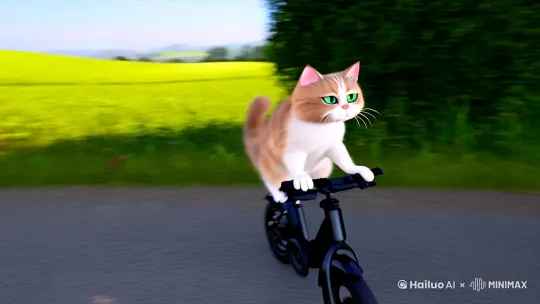 一只可爱的猫咪骑着电动车在乡间的小路上狂奔 by Hailuo AI Video Generator