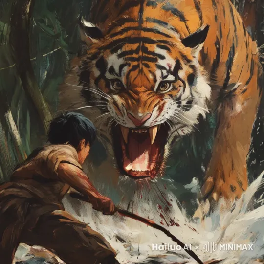 一少年与猛虎对决，猛虎迅猛扑向少年撕咬，少年腾空飞踢猛虎脸颊。 by Hailuo AI Video Generator