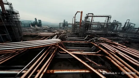 **场景1：工业废墟航拍**
- 镜头：无人机俯拍锈蚀管道交错的废弃炼油厂（全景镜头360度旋转）
- 音效：警报声由远及近，惊起成片乌鸦 by Hailuo AI Video Generator