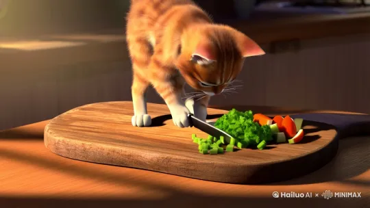 小猫在菜板上切菜 by Hailuo AI Video Generator