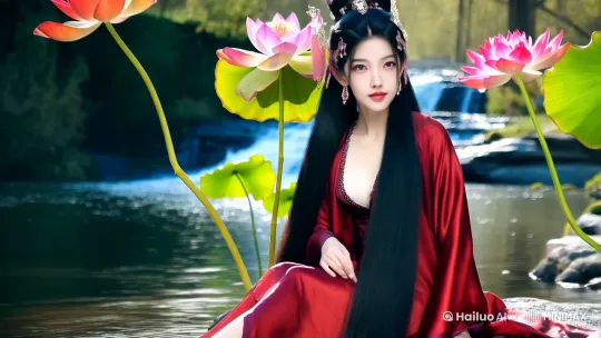 4K 超高清 古风神韵  对角线构图 完美世界火灵儿外貌特征：长发、灵动眼眸、精致面容、娇艳红唇、飘逸丝绸、  温柔善良    光古风色彩 生动表情  胶片颗粒，皮肤毛孔，详细的皮肤纹理，详细的面部，透视，极致光影，低关键，远景，景深，优雅与神秘，胸部丰满，大长腿，镜头跟拍，，32K高清60flp 高帧率输出，慢镜头拍摄，面部表情自然，自然动作无卡帧，连贯流畅无瑕疵，坐在小溪的石头上洗脚，有二朵荷花，远处瀑布，微风吹动荷花，水面波纹 by Hailuo AI Video Generator