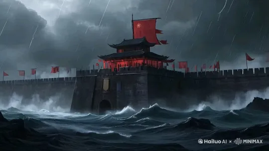帮我生成一个视频:海面上波涛汹涌,只见陈塘关城墙上面锦旗飘飘,占满全副武装的士兵,城楼两边的高大城墙往两边无限延伸并逐渐消失在灰色的迷雾里,陈塘关周围被波涛汹涌的大海所包围,天空乌云密布,电闪雷鸣,暴雨倾盆,镜头拉近城楼,超现实写真,完全古代风格,细节清晰,整体画面色调用红黑色主色调,开启“超精建模”加“动态捕捉”,主体突出,比例:16:9横屏。比例 16:9。 by Hailuo AI Video Generator