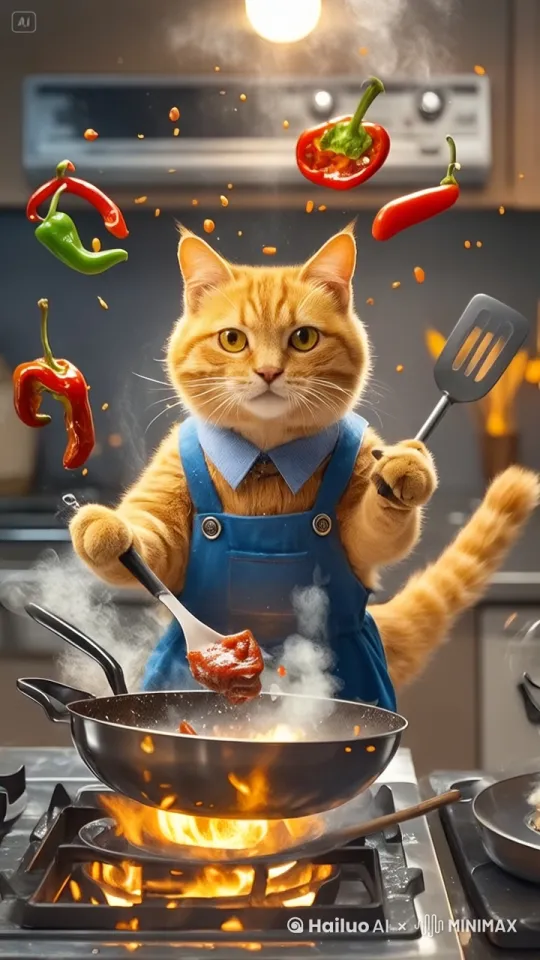 猫快速翻动锅铲炒菜，辣椒自然掉落，猫咪尾巴轻微摇晃 by Hailuo AI Video Generator