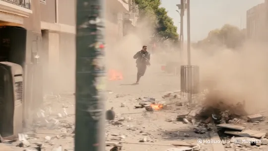 【右移】【跟随】一个全副武装的男人，在街道的废墟中奔跑，周围全是爆炸后溅起的尘土，【镜头拉近】他的眼睛里透着坚毅 by Hailuo AI Video Generator