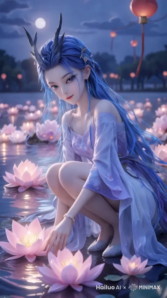 画面中的人物手中拿着一朵荷花灯，从右侧慢慢如画，然后蹲下花灯放进水中。 by Hailuo AI Video Generator