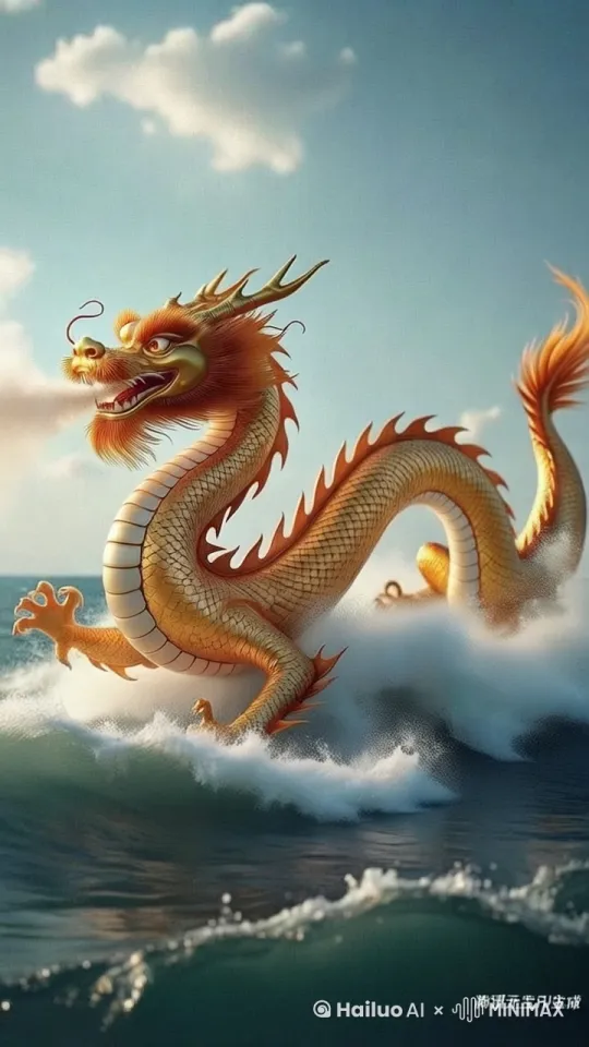 昂首挺胸，游动起来，水面汹涌澎湃，光照效果 by Hailuo AI Video Generator