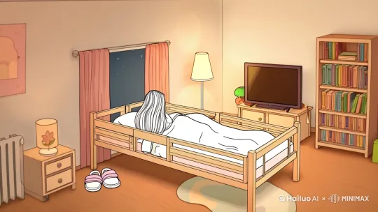 治愈系生活场景，卡通插画，线条插画，正面视角，活泼的女孩卧室，长卷发女孩，小猫，一张双层床，明亮舒适，毛绒拖鞋，平板电视，立式灯，书架，早晨，盖着被子，睡在床上，皱巴巴的被子，
治愈色彩。 by Hailuo AI Video Generator