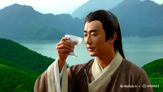 青山绿水间，李白手举酒杯朗诵：白日依山尽、黄河入海流，欲穷千里目，更上一层楼。第二组镜头显示太阳落山、黄色的河流入大海，黄鹤楼耸立的画面。[右摇,变焦推进] by Hailuo AI Video Generator
