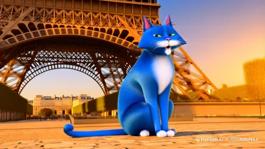 一只蓝色的胖猫在巴黎铁塔下漂唱 by Hailuo AI Video Generator