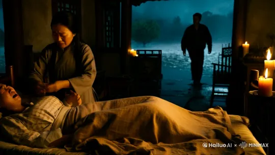 画面展示一个暴风雨之夜，传统中国农村房屋内，一名妇女正在分娩，接生婆在旁边协助，男子在屋外焦急等待。闪电和雷声划破夜空，婴儿的哭声响起。与此同时，一口黑色棺材被洪水冲进院子。 by Hailuo AI Video Generator