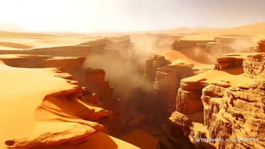沙漠峡谷：
"vast desert canyon, hyperrealistic, golden sand dunes under harsh sunlight, cracks in ancient rock formations, cinematic lighting, dust swirling in the air, 8k, unreal engine 5, --ar 16:9"

隐藏绿洲：
"hidden oasis in desert canyon, crystal clear turquoise water, lush palm trees, sunlight filtering through leaves, glowing algae in the stream, surreal atmosphere, digital painting style, --ar 16:9"

未来都市：
"futuristic metropolis floating above a desert, glass skyscrapers with holographic advertisements, eco-friendly vertical gardens on buildings, flying vehicles, neon lights at dusk, cyberpunk aesthetic, ultra-detailed, Octane Render, --ar 16:9"

喜鹊穿越：
"magpie flying through a futuristic city, iridescent feathers reflecting holographic lights, dynamic motion blur, photorealistic close-up, golden hour lighting, cinematic depth of field, --ar 16:9" by Hailuo AI Video Generator
