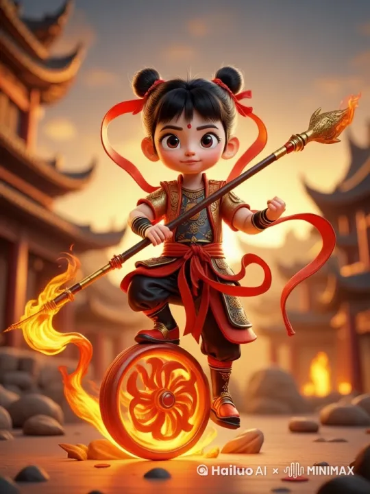 镜头跟随人物移动，哪吒展示他的风火轮绝技。背景为古代场景 by Hailuo AI Video Generator