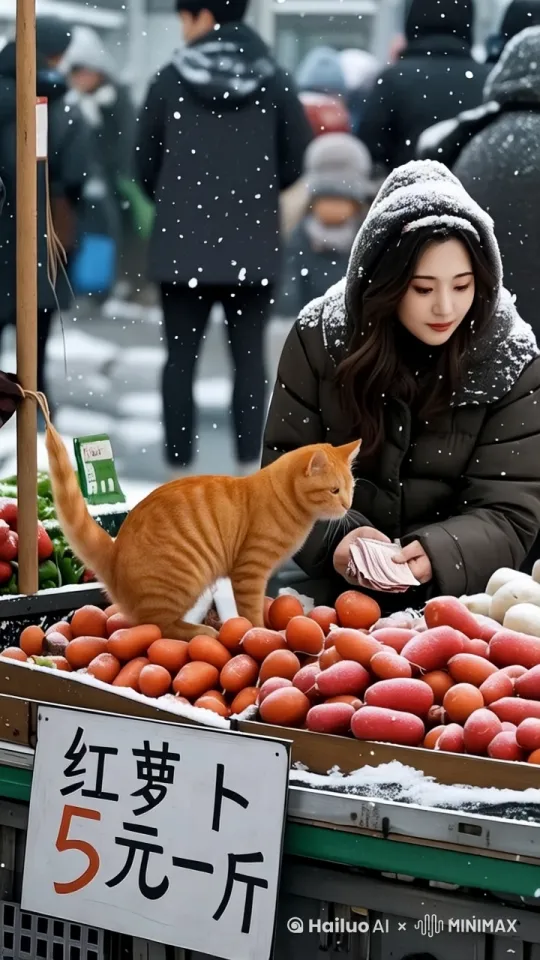 橘猫猫爪拿走美女手上的钱，美女面部表情笑容甜美。大雪天 by Hailuo AI Video Generator