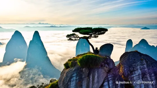 帮我生成一条风景视频，时长要20秒，主题是中国的安徽黄山，壮丽黄山全景鸟瞰，刀削斧劈般花岗岩峰林刺破翻涌云海，千年迎客松盘踞悬崖迎风而立，形态奇特的猴子观海石隐现云雾间，翡翠谷温泉升腾袅袅轻烟，晨光中人字瀑双股银练垂直跌落百尺深潭，百丈泉玉龙飞瀑撞击山岩激起虹彩水雾，九龙瀑九折白练穿行碧绿竹林，4K超清微距镜头捕捉松针露珠纹理，航拍视角穿越西海大峡谷U型峭壁，流动的云雾在山脊线形成波涛特效，日出时刻金红色霞光染透鱼鳞状云层，北宋水墨画风格的苍劲笔触质感 by Hailuo AI Video Generator