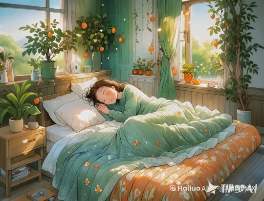 治愈系生活场景，卡通插画，线条插画，正面视角，可爱女孩的卧室，夏日的清晨，室内一片清凉舒适，森系房间，盖着被子，睡在床上，小猫，书架，盆栽，窗帘，落地灯，地毯，治愈风格。

 by Hailuo AI Video Generator