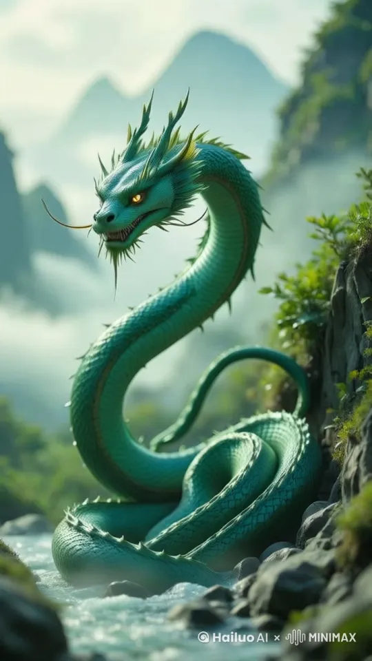 镜头不断放大，人物缓缓侧身，3D，逼真，神奇，飘动，美丽精致，超现实主义，壁纸，8k，CG，高清画质。国风写实风格，巴蛇幻化为穿绿裙的写实美女，蛇鳞自然褪去化作飘逸绿裙，美女面容精致，眼神温柔含蓄，动作优雅，背景为古典庭院，竹影摇曳，过渡流畅自然，光影柔和，画面稳定清晰，搭配古风轻音乐，营造宁静古典意境 by Hailuo AI Video Generator