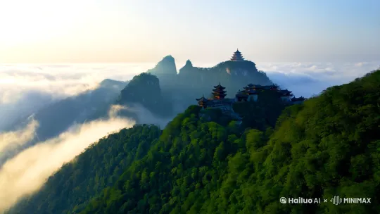 生成10秒视频：镜头从高空俯拍青城山全景，缓慢推进至悬崖边的古树林，云雾缭绕道教仙山，阳光穿透云层形成丁达尔效应。背景加入古筝配乐，视频节奏由舒缓渐强，结尾淡出道家建筑剪影。采用电影级运镜，--motion 5 by Hailuo AI Video Generator