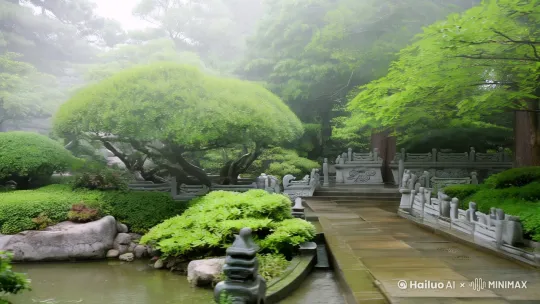 烟雨迷蒙中的中式园林[右移,左摇,跟随] by Hailuo AI Video Generator