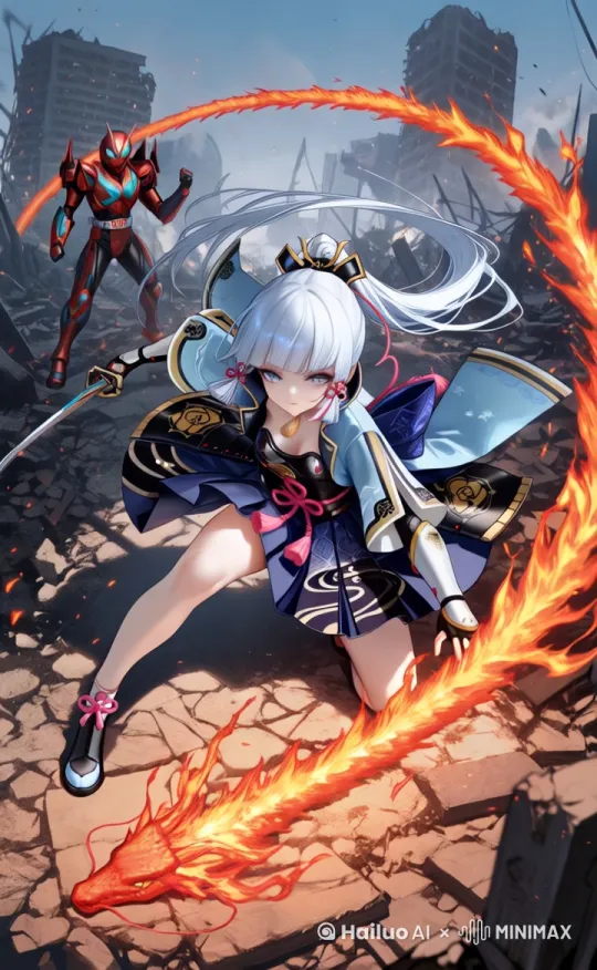 少女站立在废墟之上,身前的火龙在不断燃烧,大风吹着衣服跟头发,看向镜头,落下的石头,碎裂的大地 by Hailuo AI Video Generator