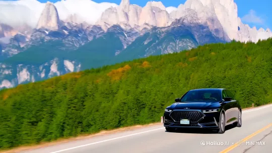 你驾驶着那辆黑色轿车，驶上了高速公路，开始了一段令人期待的旅程。

高山景色：
1.
巍峨的山峰：随着你驶离城市，高速公路逐渐进入山区。你会看到远处连绵起伏的山脉，山峰高耸入云，山顶可能还覆盖着皑皑白雪，在阳光的照射下闪烁着银光。
2.
郁郁葱葱的山林：山脚下和山坡上覆盖着茂密的森林，树木郁郁葱葱，呈现出深浅不一的绿色。随着季节的变化，树叶的颜色也会发生变化，秋天时可能会看到一片金黄或火红的景象。
3.
山间云雾：在清晨或雨后，山间常常会升起薄薄的云雾，缭绕在山腰，仿佛给大山披上了一层轻纱，给人一种仙境般的感觉。
4.
野生动物：在某些山区，你可能会看到野生动物在路边或树林中出没，比如鹿、狐狸或各种鸟类，为你的旅程增添一份野趣。
河流景色：
1.
蜿蜒的河流：高速公路有时会沿着河流蜿蜒而行，你可以看到河流在阳光下闪烁着粼粼波光，河水清澈见底，偶尔还能看到鱼儿在水中游动。
2.
瀑布：在一些地方，你可能会看到瀑布从山间飞流直下，水花四溅，发出轰鸣声，给人一种震撼的感觉。
3.
河岸风光：河岸两边可能长满了各种野花和灌木，色彩斑斓，蜜蜂和蝴蝶在花丛中飞舞，呈现出一派生机勃勃的景象。
4.
桥梁：在河流上方，你可能会经过一些壮观的桥梁，这些桥梁设计独特，有的甚至横跨峡谷，给人一种凌空飞渡的感觉。
其他美景：
1.
田园风光：在高速公路的两旁，你可能会看到一片片农田，种植着各种农作物，比如玉米、小麦或蔬菜，呈现出不同的绿色和黄色。
2.
小镇和村庄：沿途你可能会经过一些小城镇和村庄，看到当地居民的生活场景，比如孩子们在路边玩耍，老人们在屋前晒太阳，给人一种宁静祥和的感觉。 by Hailuo AI Video Generator