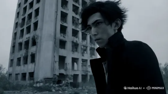 主体：李默。
背景：站在废弃高楼下。
镜头向后推移，露出了楼顶的一个红衣女鬼 by Hailuo AI Video Generator