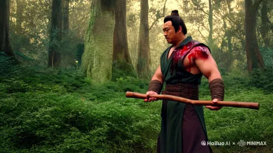 清晨，中国古代的强壮的男人手拿木棍 行走在茂密的森林中 ，灌木丛摇曳窸窣。 一只巨大的老虎从树丛后面突然冲出来，虎皮毛的质感闪烁着光泽， 凶狠  霸气。然后老虎跳起来扑向男人，老虎撕咬男人的肩膀，血液喷涌而出，男人用木棍招架老虎的撕咬[晃动,右摇,跟随]，然后男人转身抽打老虎 劈砍老虎 by Hailuo AI Video Generator