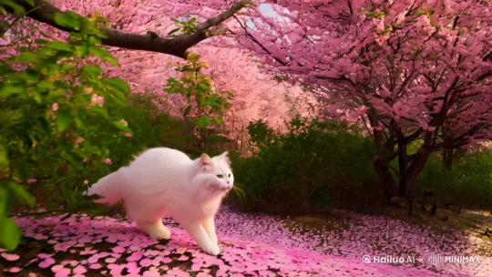 生成一只可爱的猫，白色的毛，毛绒绒，在一座桃花林里跳来跳去 by Hailuo AI Video Generator