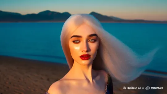 一个绝世美女静静地伫立在沙滩上，海风轻柔地拂过，撩动着她如云般的秀发。她的脸庞白皙如玉，泛着淡淡的光泽，宛如月光洒在平静的湖面。眉如远黛，微微扬起，似是藏着一抹淡淡的哀愁；双眸明亮如星，深邃而又神秘，仿佛藏着整个宇宙的奥秘；小巧挺直的鼻梁下，是一张樱桃般的小嘴，唇色嫣红，如同清晨花瓣上的露珠，娇艳欲滴。她身着一条美得令人窒息的裙子，那是由霞光和海水共同制作而成的杰作。 by Hailuo AI Video Generator