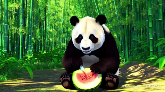 一只大熊猫正在切西瓜 by Hailuo AI Video Generator