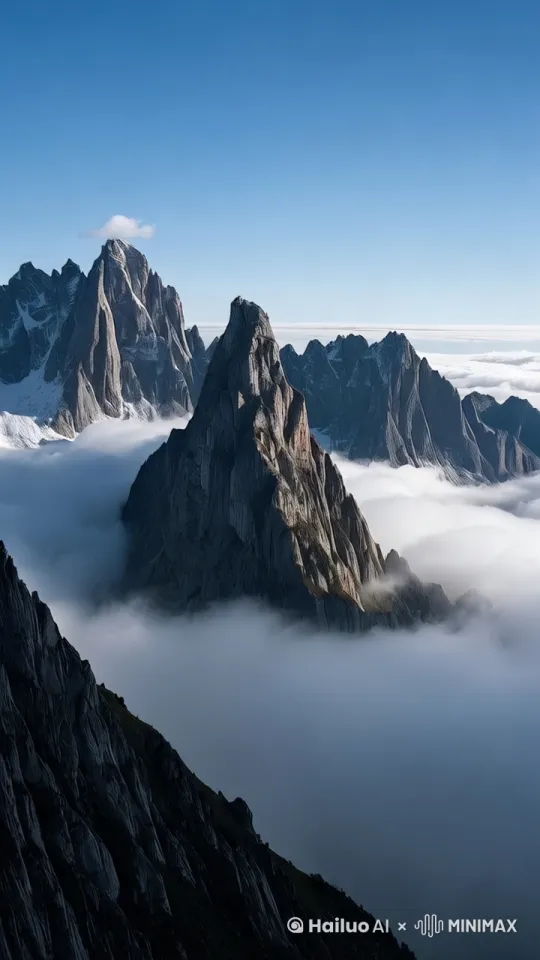 险峻的山峰 云海  天空湛蓝 镜头缓慢的向前推进，超清画质 by Hailuo AI Video Generator